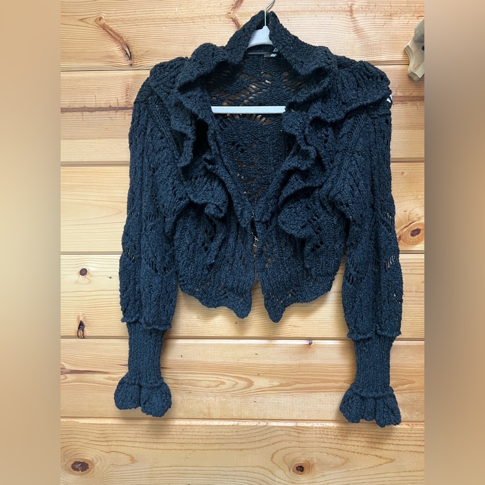 Free People Black Ruffled Open-Knit Cropped Cardigan